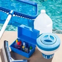 Pool care supplies beside water